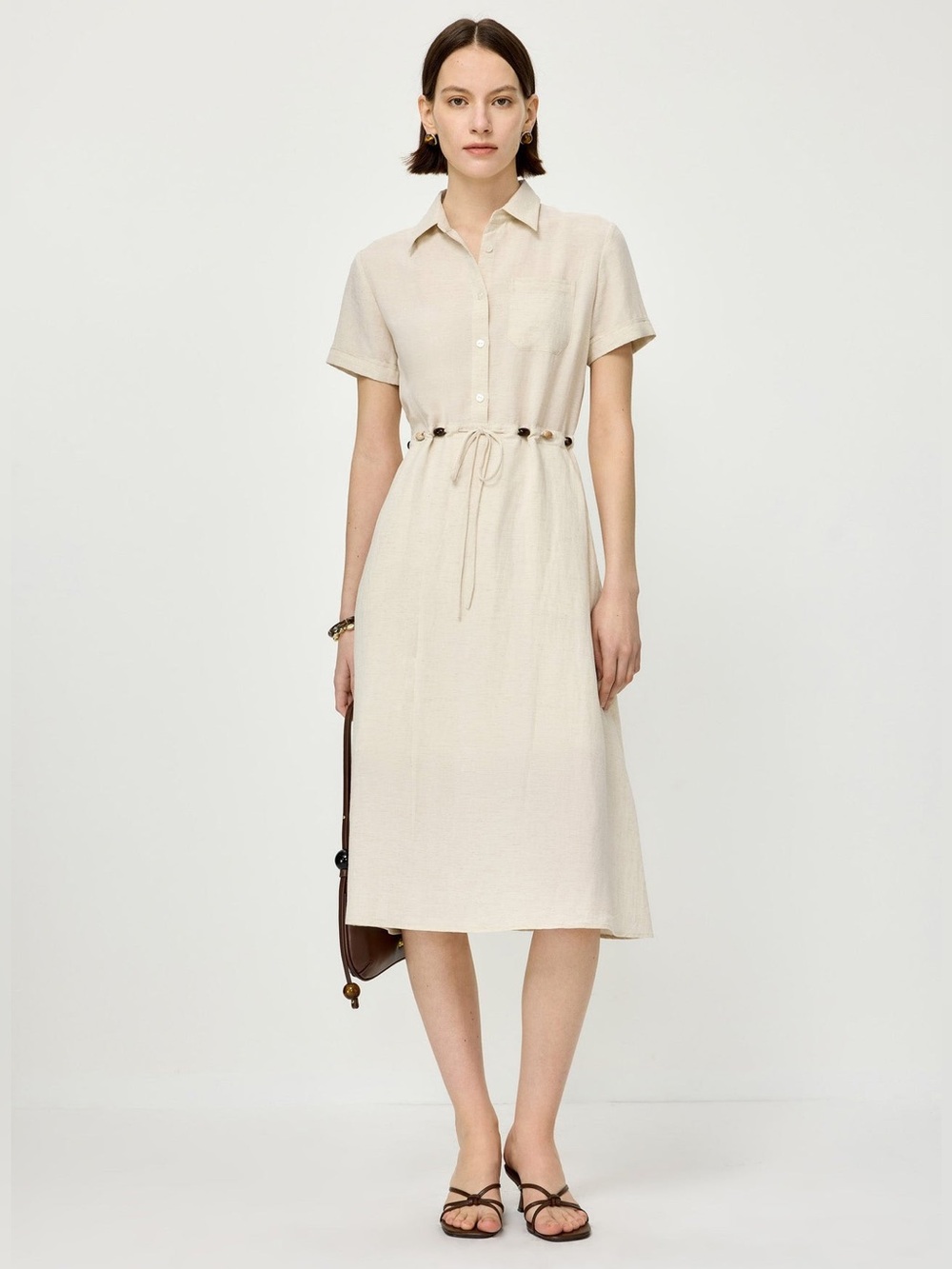 Women's Short-Sleeve Drawstring Shirt Dress - Beige, Large
